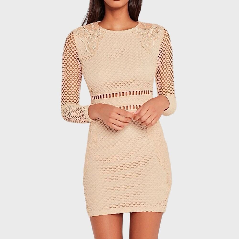 Crochet Lace Mini Bodycon Dress Size 6 Carli Bybel x Missguided Nude Glam Party